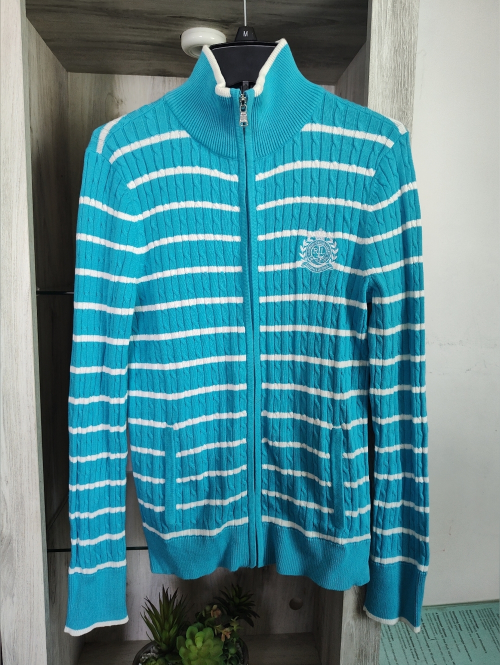 Ralph Lauren Turquoise & White Striped Zip Cardigan SZ Small Sample Piece
